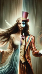 “The Guru or the Huckster?” illustration by author. A split illustration of a female spiritual guru on the left , a male carnival huckster on the right.