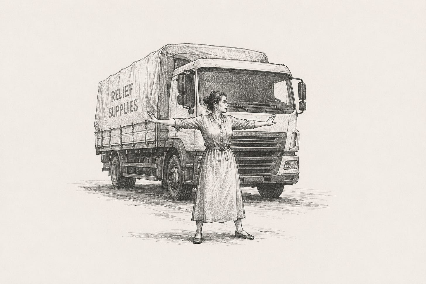 Woman blocking aid truck