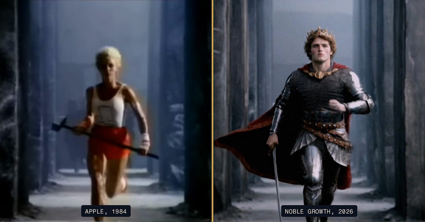 Side by side: the runner with her hammer in Apple's 1984 commercial, and King Arthur with his sword in the same corridor in Noble Growth's remake