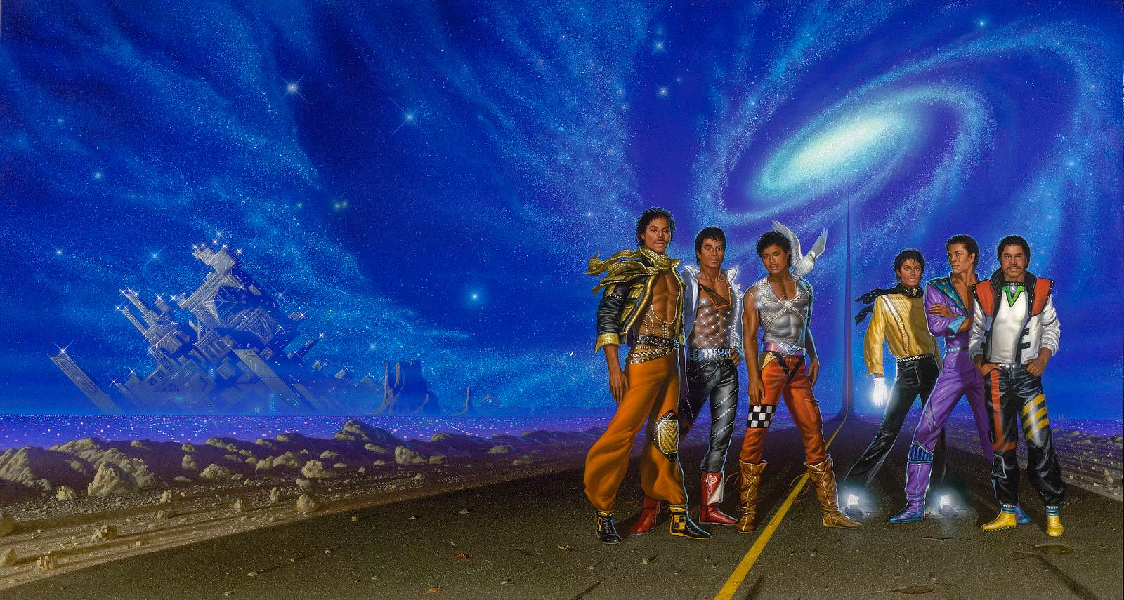 The six Jackson brothers dressed in 80s stage costume stand on a blacktop road that curves up into the sky at the horizon reaching up to the core of a spiral galaxy. The night sky is an electric blue filled with a cascade of stars spun off the galaxy. In the distance, city lights stretch to the horizon. An enormous futuristic structure (city in the sky) rises just beyond the horizon.