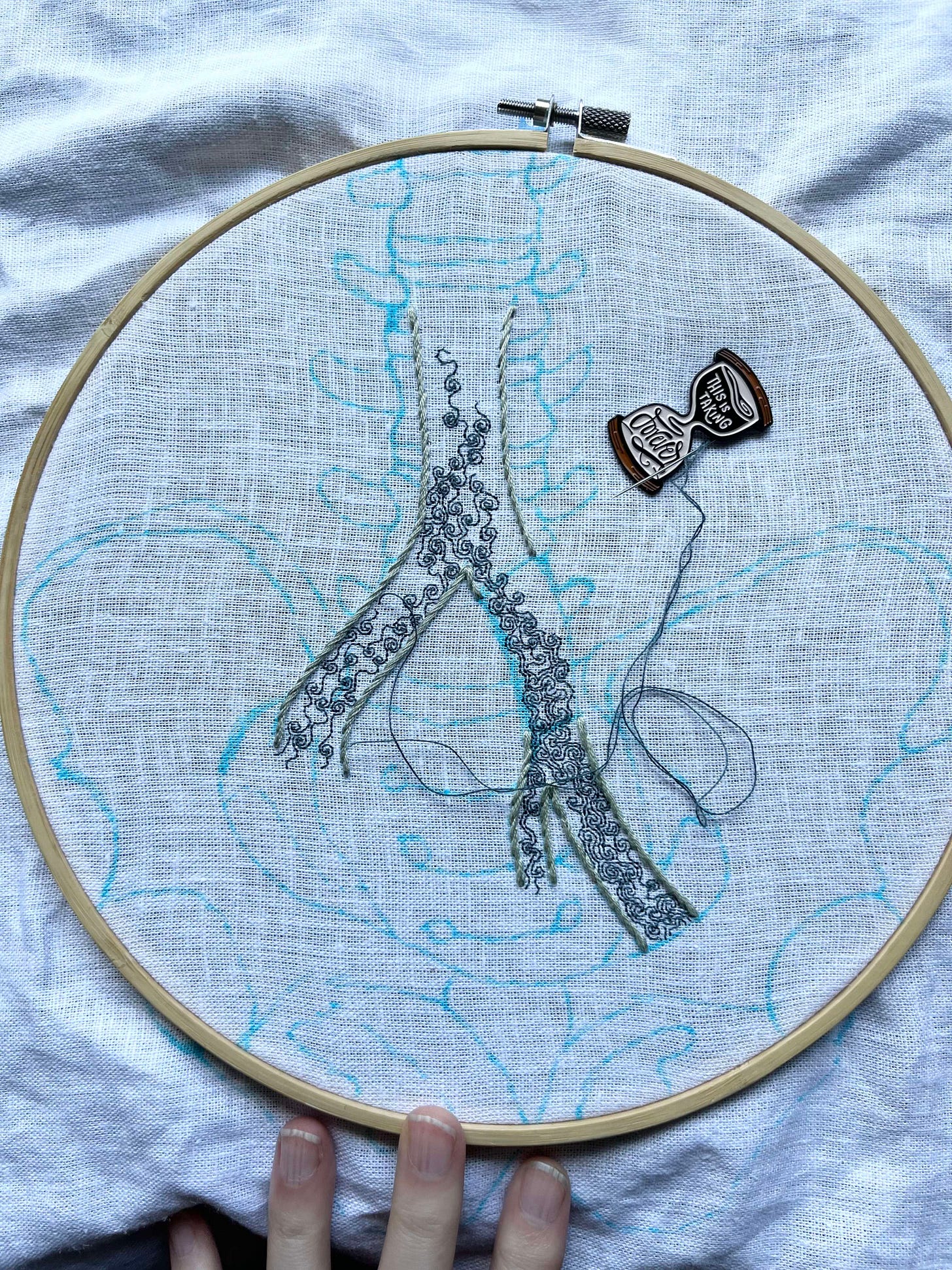 A pelvis, lumbar vertebrae, and part of the iliac vein are sketched in blue marker on white linen. Most of the iliac vein is outlined in grey-green stem stitch. A section on the left branch has been left blank. Some intricate turbulence is being stitched in single strand dark aquamarine backstitch within the iliac vein. An hourglass shaped needle minder reading, “this is taking forever” holds the needle. 