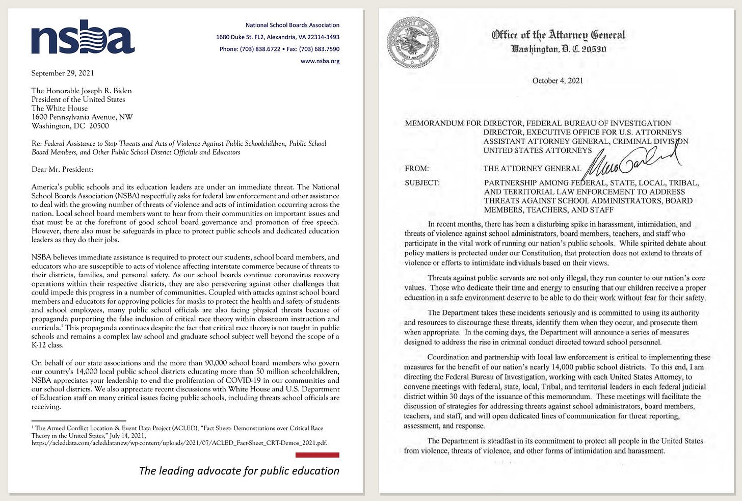 Side-by-side pages of the NSBA letter and the Garland memorandum Side-by-side pages of the NSBA letter and the Garland memorandum