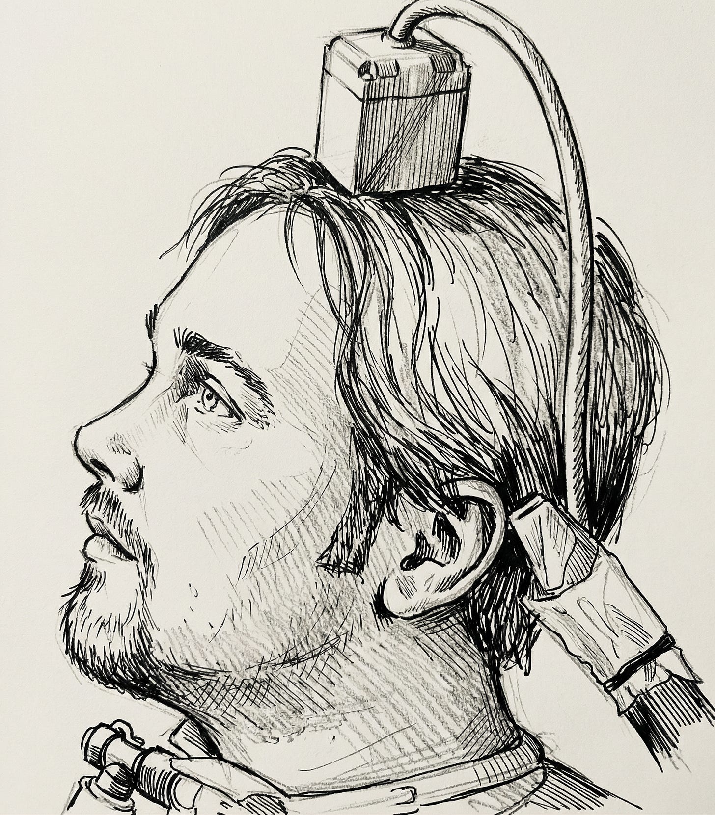 Black and white hand-drawn sketch of BCI patient in profile