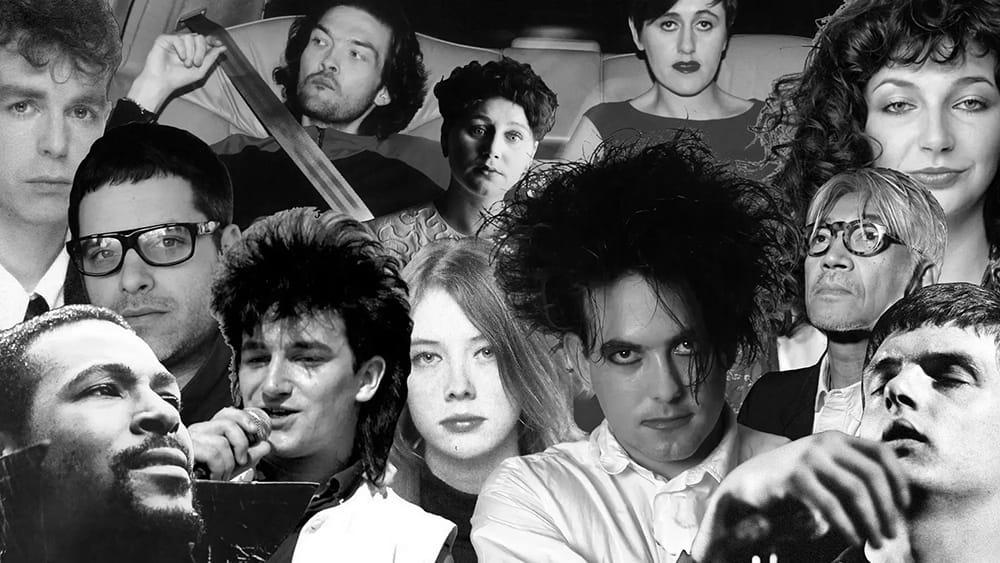 A black-and-white collage of famous musicians including Marvin Gaye, Robert Smith, Ian Curtis, and Kate Bush