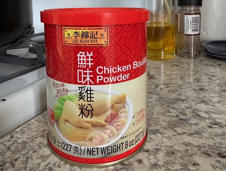 can of lee kum king chicken bouillon powder, full hand cart at korean grocery store, pot of korean noodles and green vegetables, mushrooms and chicken, hand-painted ramen sign hangs above shelves of ramen