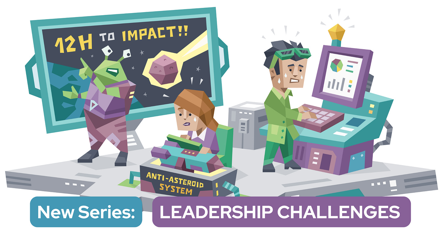 Stopping a collision – a stressed man and woman are at workstations, while an alarmed alien points to a screen showing an asteroid’s collision path with earth. Text reads: "New Series: Leadership Challenges"