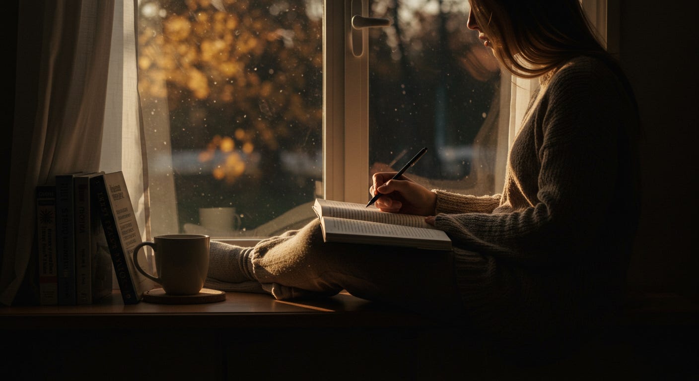 woman sitting in the window journaling with a warm cup of tea