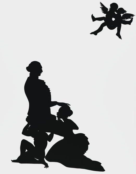 Silhouette by Kara Walker showing an adult figure crying dramatically with a child beside them, framed by floating clouds. Silhouette by Kara Walker showing an adult figure crying dramatically with a child beside them, framed by floating clouds.
