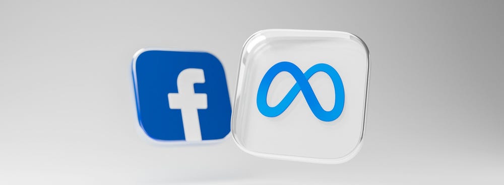 Facebook and Meta logos floating against a light gray background, showcasing blue symbols. Modern and clean design.