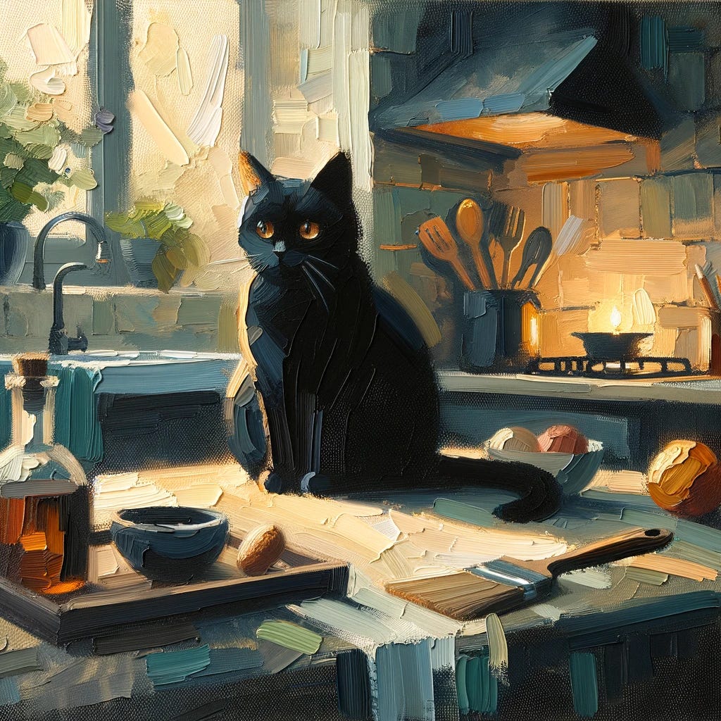 Produce an oil painting from the given image, with a more muted color palette. The black cat and the kitchen environment should be depicted with subtle, subdued colors, while still maintaining visible brushstrokes and canvas texture. The painting should convey a calm and serene atmosphere, achieved through the use of gentle earth tones and soft lighting, contrasting with the previous vibrant versions.