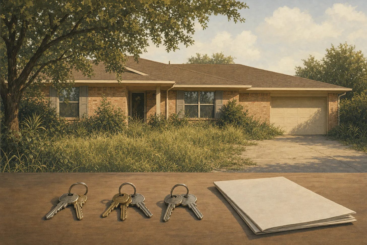 Vacant Texas brick house with an overgrown lawn, three sets of keys and a folded document in front Vacant Texas brick house with an overgrown lawn, three sets of keys and a folded document in front