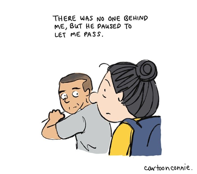 2 of 6. Illustrated panel from a 2-page diary comic about New York City walking etiquette and a brief exchange with a man at a subway station. Titled "City Diary," June 2026, by Connie Sun, published on blog.cartoonconnie.com