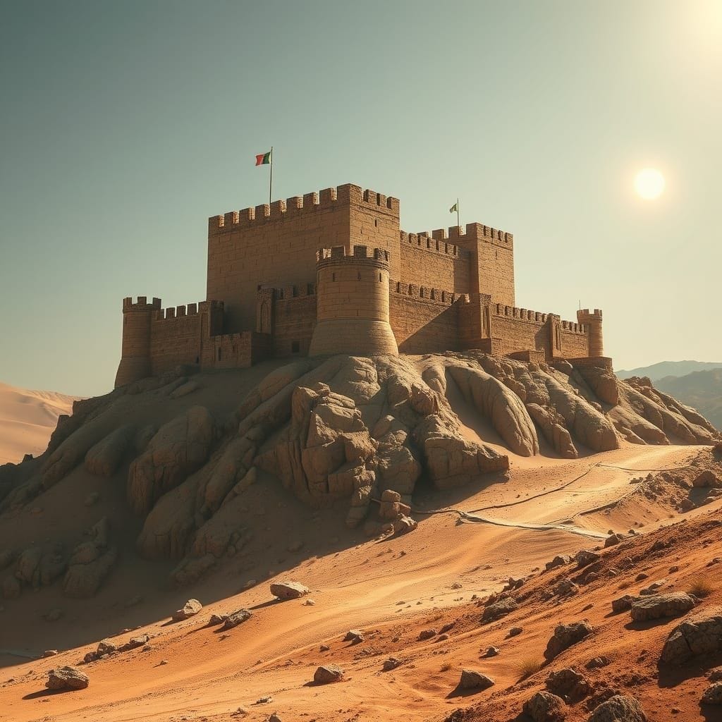 photorealistic, crusader fortress on rocky hill, middle east,