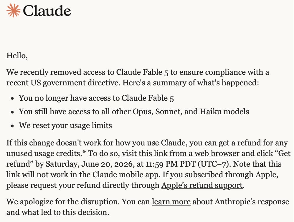 The email notification announcing Claude Fable 5 access has been removed.