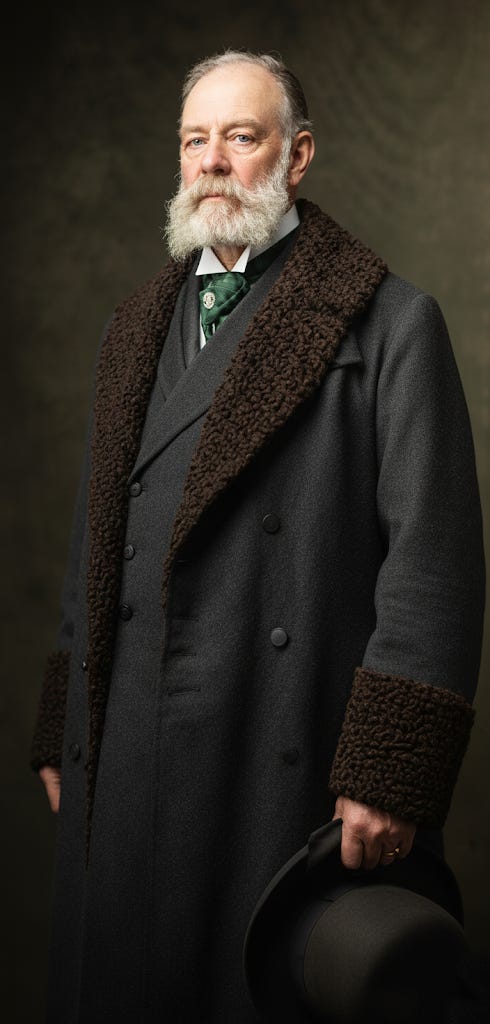 Formal portrait of Charles E. Coon with white beard, wearing a dark overcoat and holding a hat.