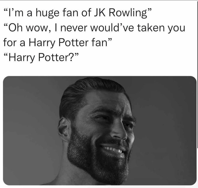 Black-and-white portrait of a man with long slicked-back hair, full beard, and smug smiling expression, positioned in the lower right. Text overlay in white speech bubbles: top bubble reads I am a huge fan of JK Rowling, middle bubble reads Oh wow I never wouldve taken you for a Harry Potter fan, bottom bubble reads Harry Potter Potter? No watermarks visible.