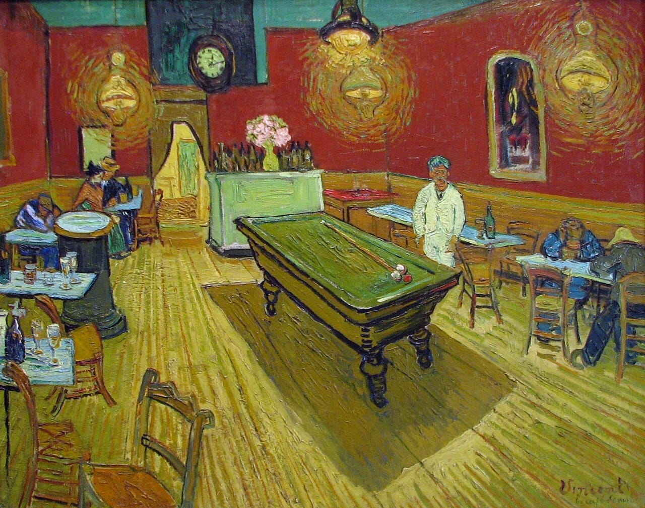 A red and green all night cafe under harsh lamps A red and green all night cafe under harsh lamps