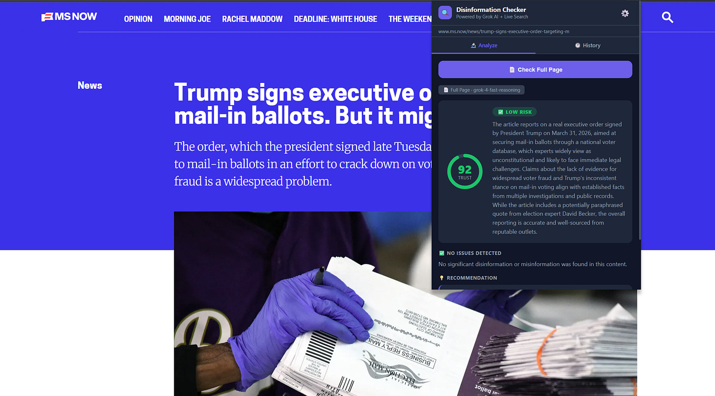 Grok Disinformation Checker analyzing a news article