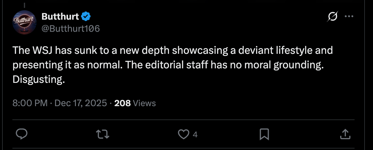 The WSJ has sunk to a new depth showcasing a deviant lifestyle and presenting it as normal. The editorial staff has no moral grounding. Disgusting. The WSJ has sunk to a new depth showcasing a deviant lifestyle and presenting it as normal. The editorial staff has no moral grounding. Disgusting.