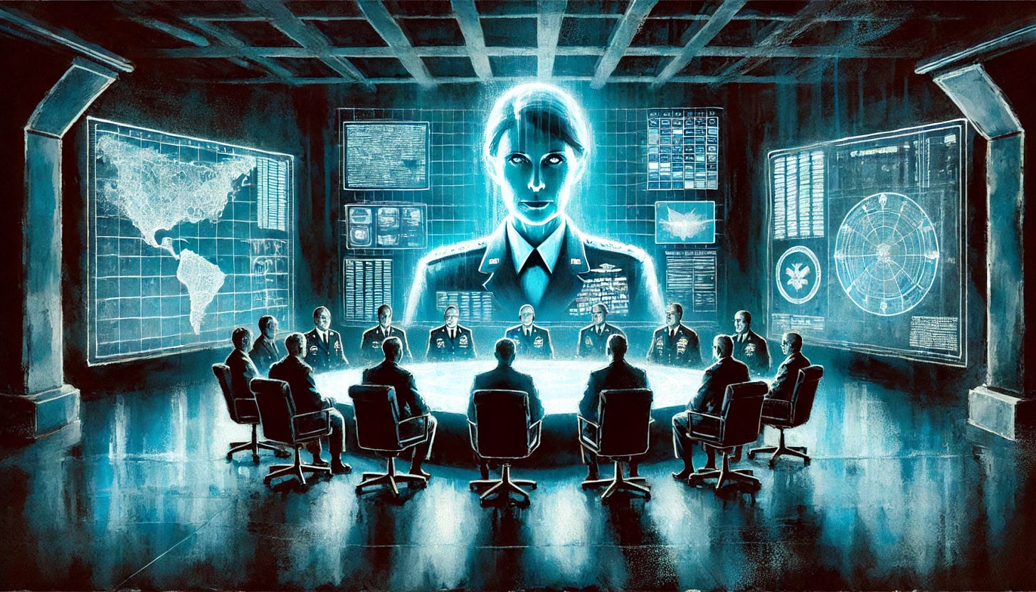 A dramatic, computerized watercolor scene depicting a futuristic military situation room. The main figure, General Shallenberger, is shown as a ghostly reflection on a large, glowing azure screen displaying strategic maps and data. The screen casts an eerie blue light across the dimly lit room, emphasizing shadows beneath her eyes. The setting includes six other four-star generals seated around a sleek, high-tech conference table, their faces tense and uneasy. The room conveys a sense of depth, with a hint of reinforced concrete walls and faint, shadowy suggestions of machinery representing the Pentagon's secure basement. The style is painterly and atmospheric, blending the softness of watercolor with futuristic digital elements.
