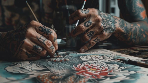 A beautiful image of a tattoo master meticulously working on a floral tattoo blueprint. The tattoo master's tattooed hands are visible as they skillfully draw on a large tattoo stencil paper, creating intricate floral designs. A beautiful image of a tattoo master meticulously working on a floral tattoo blueprint. The tattoo master's tattooed hands are visible as they skillfully draw on a large tattoo stencil paper, creating intricate floral designs.