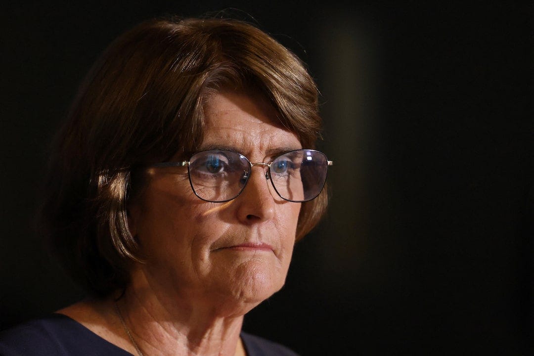 Governor of the Reserve Bank of Australia Michele Bullock reacts during a press conference in Sydney