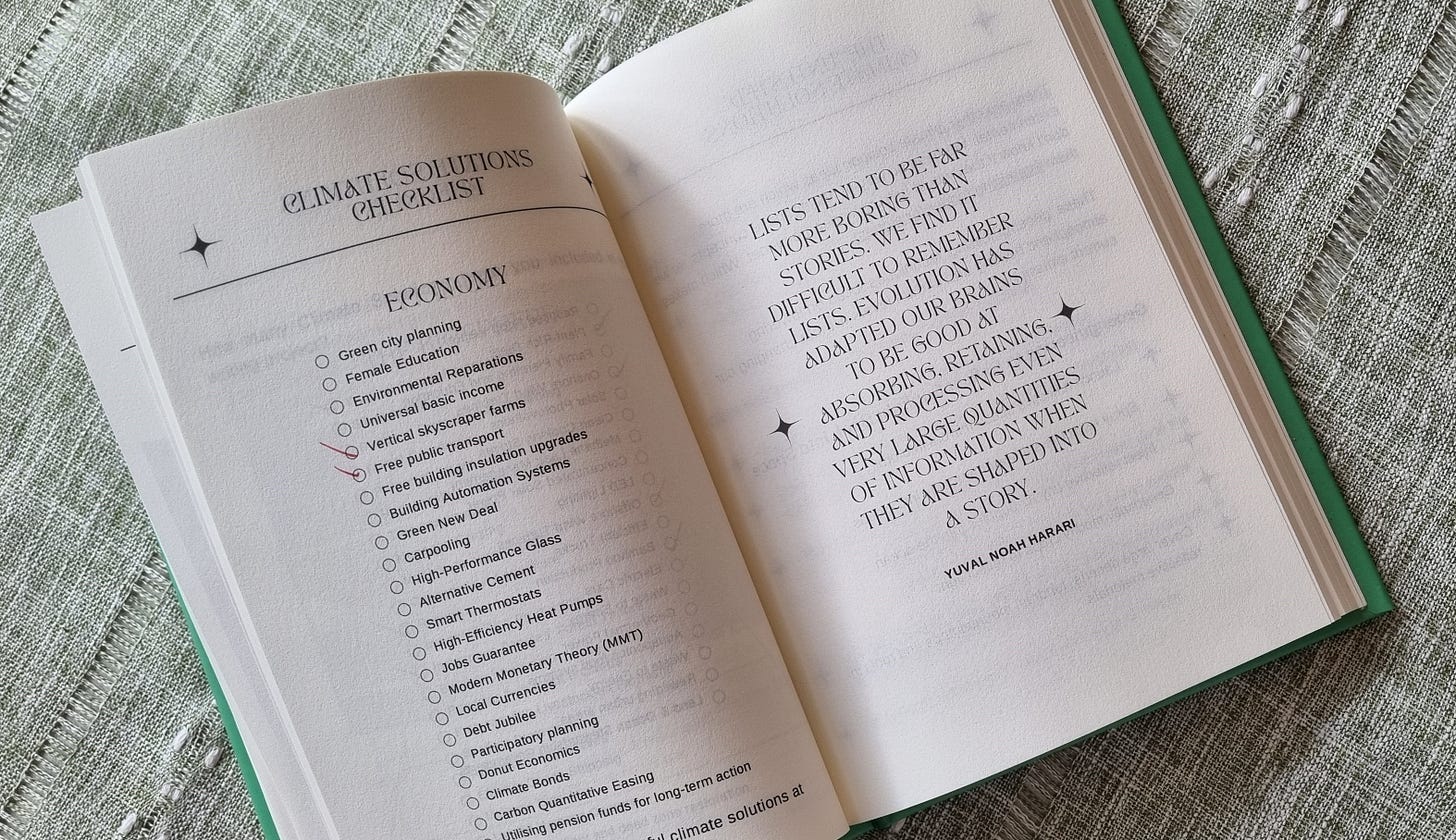 photo of page from The Climate-Conscious Writers Handbook, featuring a checklist of climate solutions