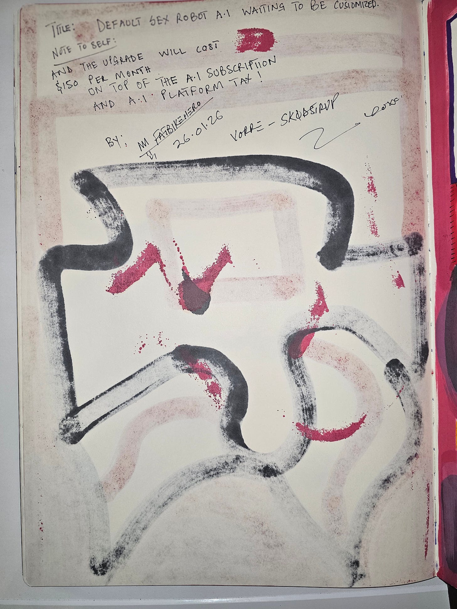 Handwritten notes and expressive marks on the verso of a human-made artwork critiquing AI subscription culture by FatbikeHero. Handwritten notes and expressive marks on the verso of a human-made artwork critiquing AI subscription culture by FatbikeHero.