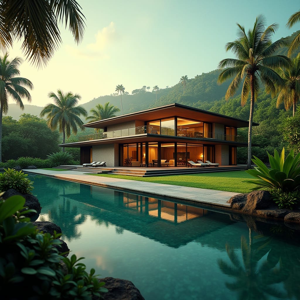 A majestic modern Jamaican property with a striking dropped eaves roof, set against a backdrop of lush tropical greenery