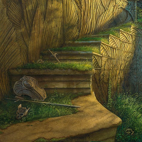 LEFT: Detail from EMPIRE OF GRASS featuring a statue kneeling among ancient ruins overgrown with grass and ivy. She holds a bow one-handed with an arrow knocked. In the other, she lightly grips a long spear with the tip angled down. CENTER: Close detail from EMPIRE OF GRASS featuring the statue of a long haired woman in Sithi armor. She kneels with one leg flat on the ground and a bow with arrow knocked balanced on her raised knee. In her other hand, she holds an ivy covered spear with barbed head pointing down. Her focus is in the distance past a pillar carved with elven grace. The sky beyond is a mix of gray clouds and golden light. RIGHT: Close detail from EMPIRE OF GRASS featuring a long sword and shield discard on grassy steps. Another skull and a dagger rest on the step above.
