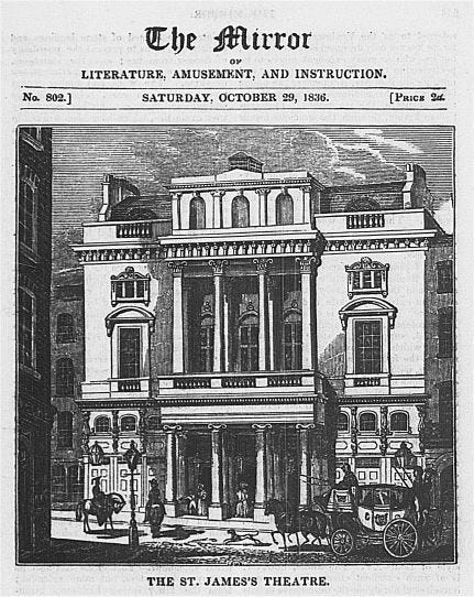 a newspaper titled 'The Mirror' with an illustration of a building with a horse drawn carriage infront of it captioned 'The St. James's Theatre'