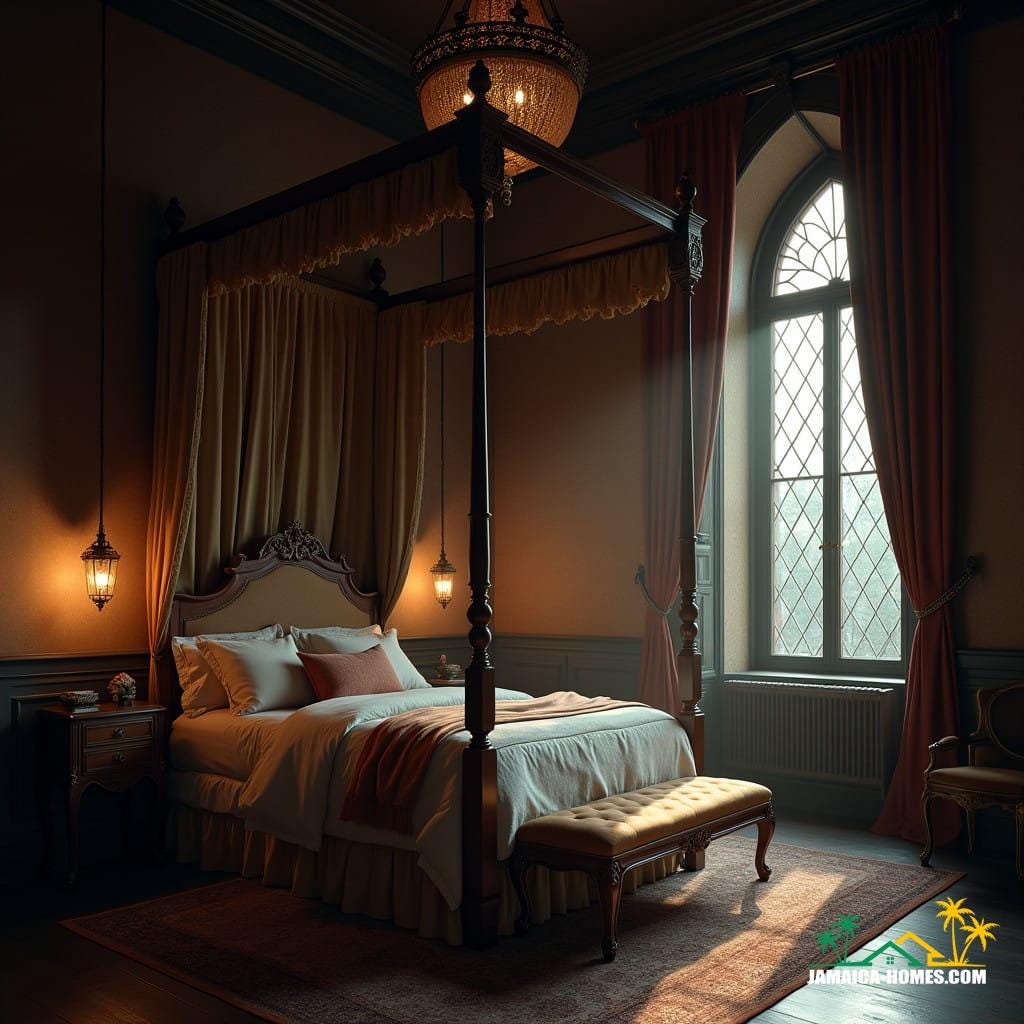 The bedroom sanctuary: A luxurious bedroom with a tall canopy bed draped in soft fabrics, dark polished floors, and Gothic Revival windows framed by heavy velvet curtains. The room is bathed in soft, warm light from elegant pendant fixtures.
