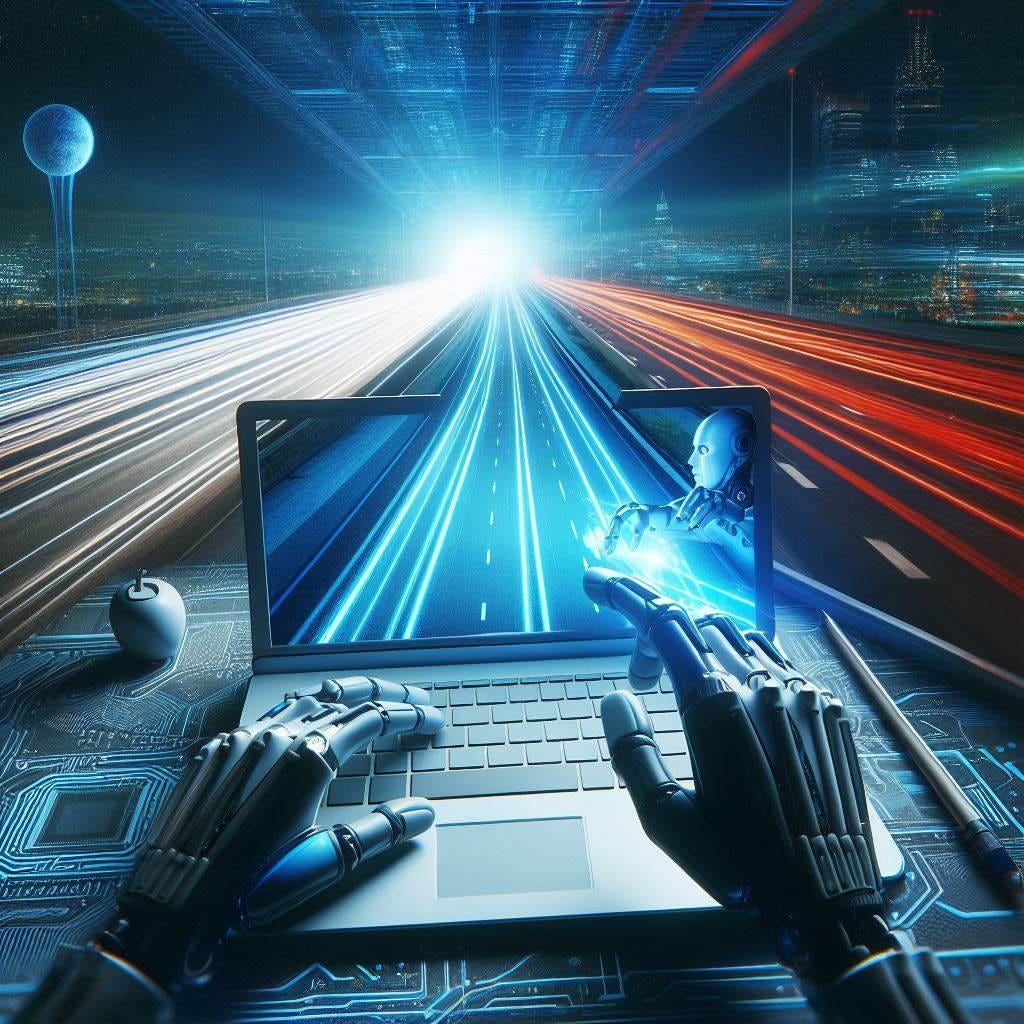 person with a computer for a head, traveling down a digital highway, realism