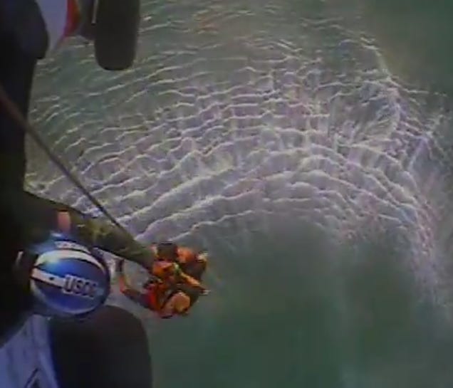 A US Coast Guard helicopter crew airlifts illegal aliens to safety from the waters off Puerto Rico after their boat capsized. A US Coast Guard helicopter crew airlifts illegal aliens to safety from the waters off Puerto Rico after their boat capsized.