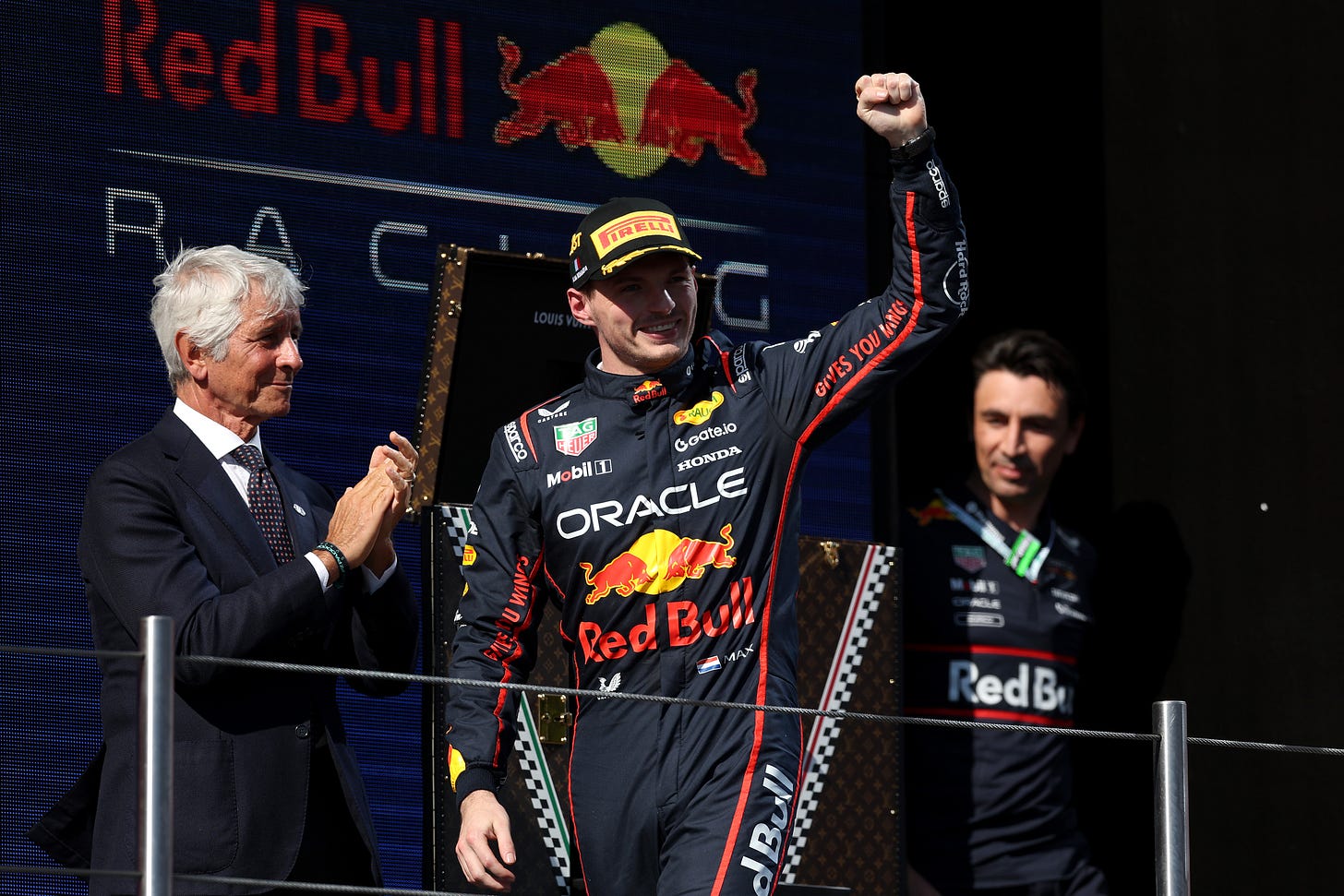 Race winner Max Verstappen of the Netherlands and Oracle Red Bull Racing arrives on the podium during the F1 Grand Prix of Emilia-Romagna at Autodromo Internazionale Enzo e Dino Ferrari on May 18, 2025 in Imola, Italy. (Photo by Ryan Pierse/Getty Images) Race winner Max Verstappen of the Netherlands and Oracle Red Bull Racing arrives on the podium during the F1 Grand Prix of Emilia-Romagna at Autodromo Internazionale Enzo e Dino Ferrari on May 18, 2025 in Imola, Italy. (Photo by Ryan Pierse/Getty Images)