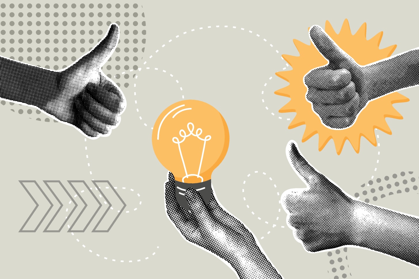 Illustration of "bright idea" concept with thumbs up and light bulb