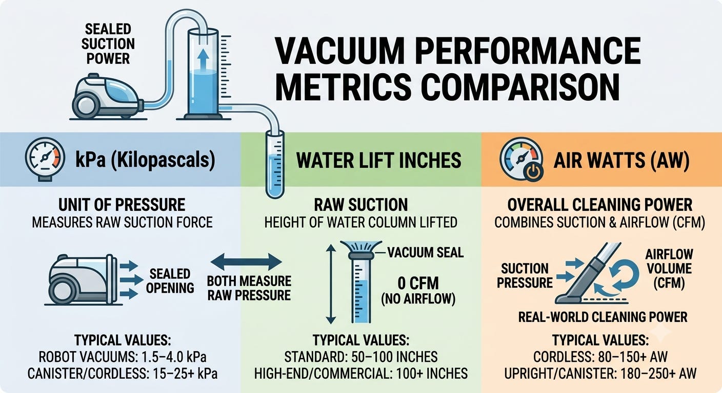 Infographic explaining kPa, air watts, and water lift for car vacuum suction measurement. Infographic explaining kPa, air watts, and water lift for car vacuum suction measurement.
