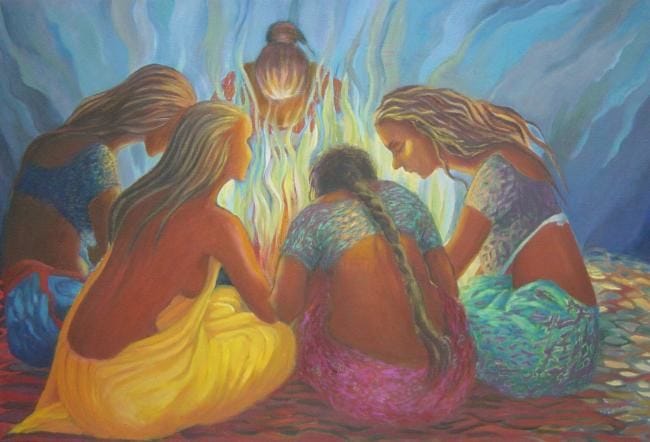 Women Around Fire, Painting by Hem Jyotika | Artmajeur