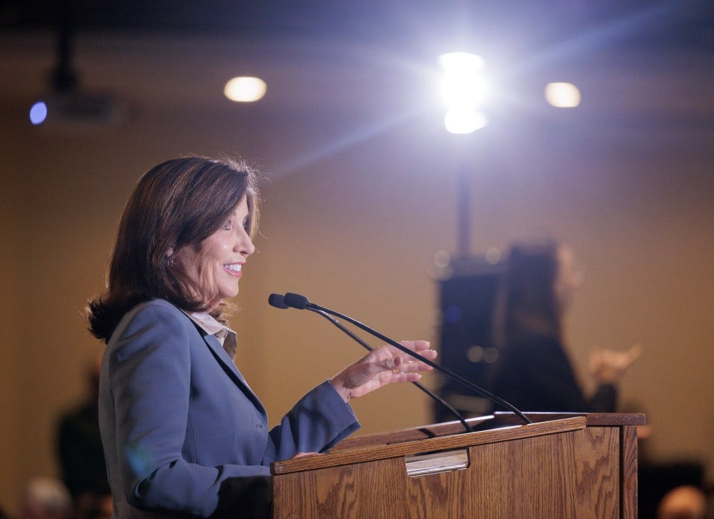 Hochul said at the summit that New York is "not going backwards" with fracking or burning coal.