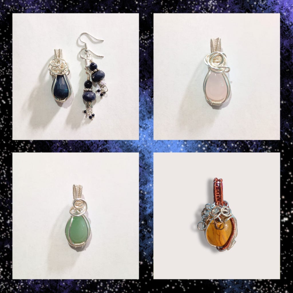 4 hand-wrapped crystal pendants, purple, pink, green, and orange, and a pair of earrings that match the purple pendant.