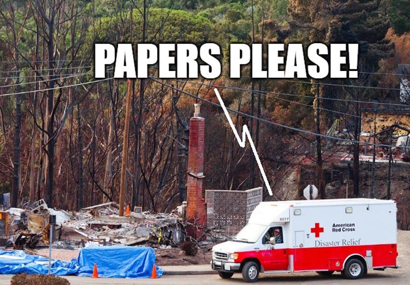 An American Red Cross disaster relief van on the street near a building that was leveled by a gas pipeline explosion. debris is piled all over the lot; some is covered by blue plastic tarps. The only thing left standing is the house's red brick chimney and a decorative patterned concrete block garden wall. nearby trees are charred and stripped of foliage. In the background a second destroyed home on a hill can be seen. Added to the photo, in Impact font, is the text 'PAPERS PLEASE!' as if coming from the van's loudspeaker