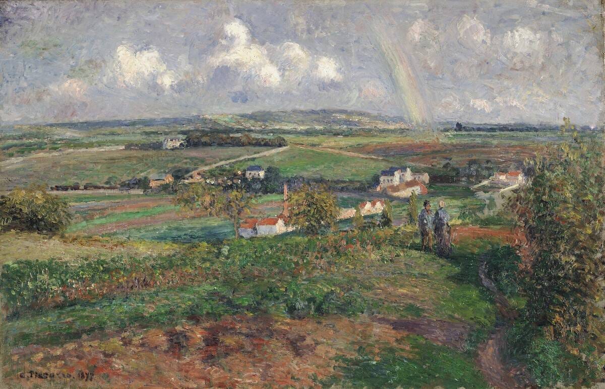 Pissarro's view of Pontoise after a storm: green fields and sunlit red roofed houses, a faint rainbow at the right of the sky and two figures on a path Pissarro's view of Pontoise after a storm: green fields and sunlit red roofed houses, a faint rainbow at the right of the sky and two figures on a path