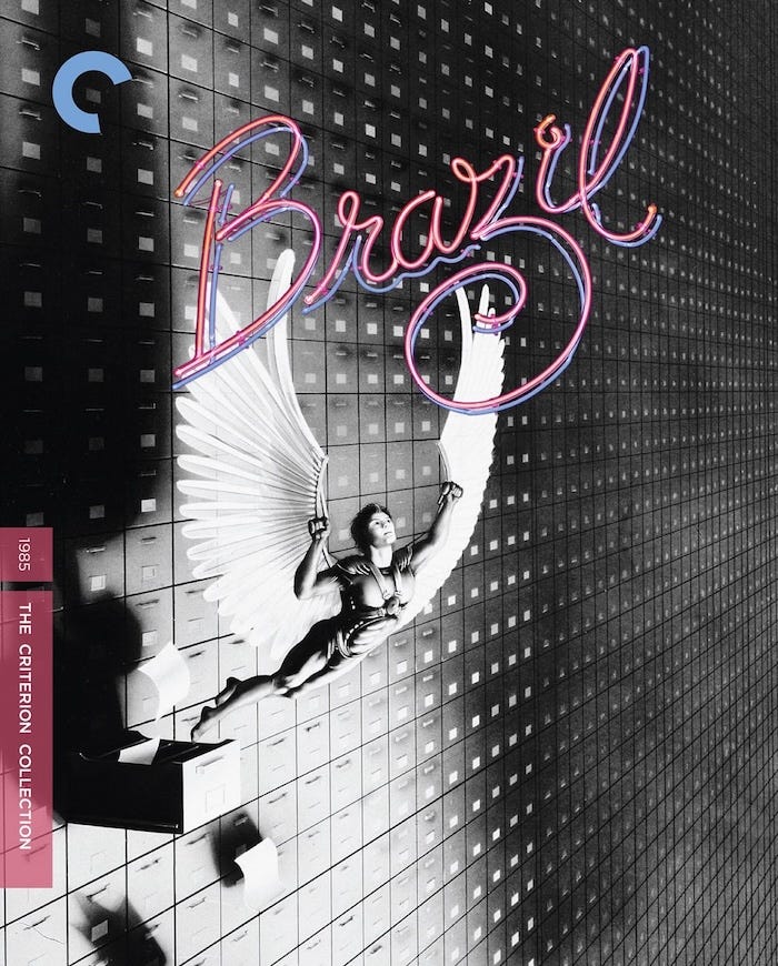 Criterion packaging — Cover art for Brazil (1985) Criterion Collection 4K UHD, featuring winged Sam Lowry soaring past endless filing cabinets under neon title typography.