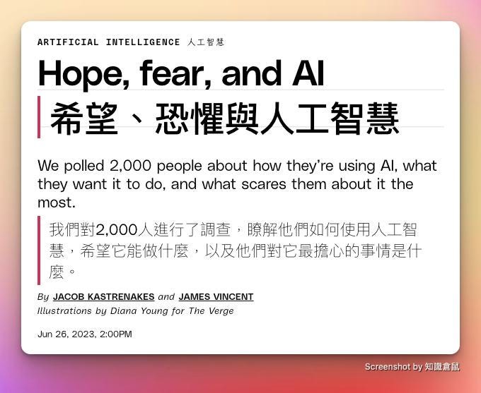 可能是顯示的文字是「 ARTIFICIAL INTELLIGENCE 人工智慧 Hope, Hope,fear,andAI fear, and 希望 恐懼與人工智慧 We polled 2,000 people about how they're using AI, what they want it to do, and what scares them about it the most. 我們對2，000人進行了調查， 瞭解他們如何使用人工智 慧, 希望它能做什麽 以及他們對它最擔心的事情是什 麽。 By JACOB KAŞTRENAKES and JAMES VINCENT Illustrations by Diana Young for The Verge Jun 26, 2023, 2:00PM Screenshot by 知識倉鼠」的圖形