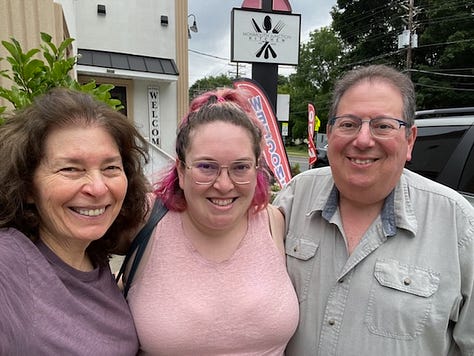 Aliyah with her parents; a group of friends wearing matching board game T-shirts posing outside; Aliyah, her aunt and her sister pose for a selfie in front of a display of donuts
