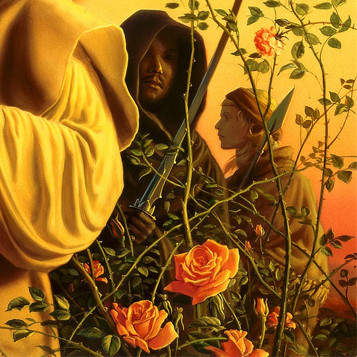 LEFT: Detail from SPELLWEAVERS featuring a female mage conjuring an orb of crackling energy as a castle burns in the background. The artist's MW sigil decorates the scabbard of the sword on her back. The quillons and knuckle guard are decorated with thorns and leaves thematically tying to the tall roses in the immediate background. RIGHT: Close detail from SPELLWEAVERS featuring rose blossoms and thorny thicket in the immediate background. Foremost among the figures lurking behind the female mage is a dark cloaked man wielding a long single edge sword. Behind him in profile is a female with hoop earring and broad cloth holding back blonde hair. She rests a spear on her shoulder. Her cloak is lighter with a tasseled trim.