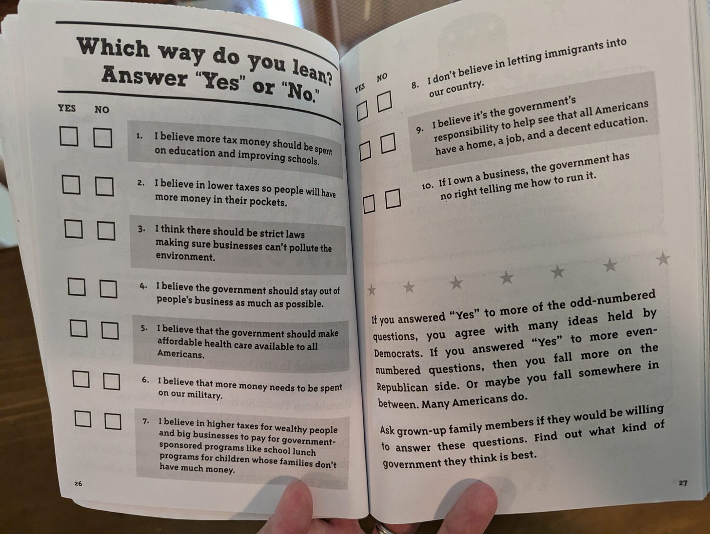 I believe more tax money should be spent on education and improving schools.  2. I believe in lower taxes so people will have more money in their pockets.  3. I think there should be strict laws making sure businesses can't pollute the environment.  4. I believe the government should stay out of people's business as much as possible.  5. I believe that the government should make affordable health care available to all Americans.  6. I believe that more money needs to be spent on our military.  7. I believe in higher taxes for wealthy people and big businesses to pay for government-sponsored programs like school lunch programs for children whose families don't have much money. 26 YES NO 8. I don't believe in letting immigrants into our country. 9. I believe it's the government's responsibility to help see that all Americans have a home, a job, and a decent education. 10. If I own a business, the government has no right telling me how to run it. If you answered "Yes" to more of the odd-numbered questions, you agree with many ideas held by Democrats. If you answered "Yes" to more even-numbered questions, then you fall more on the Republican side. Or maybe you fall somewhere in between. Many Americans do. Ask grown-up family members if they would be willing to answer these questions. Find out what kind of government they think is best.