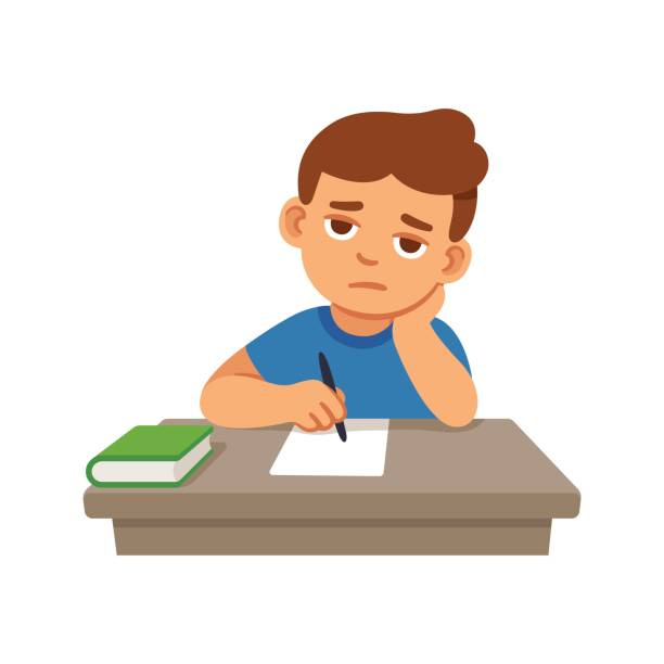 Bored kid at school Bored kid doing homework or sitting on boring school lesson. Cute cartoon vector illustration. kids taking test stock illustrations