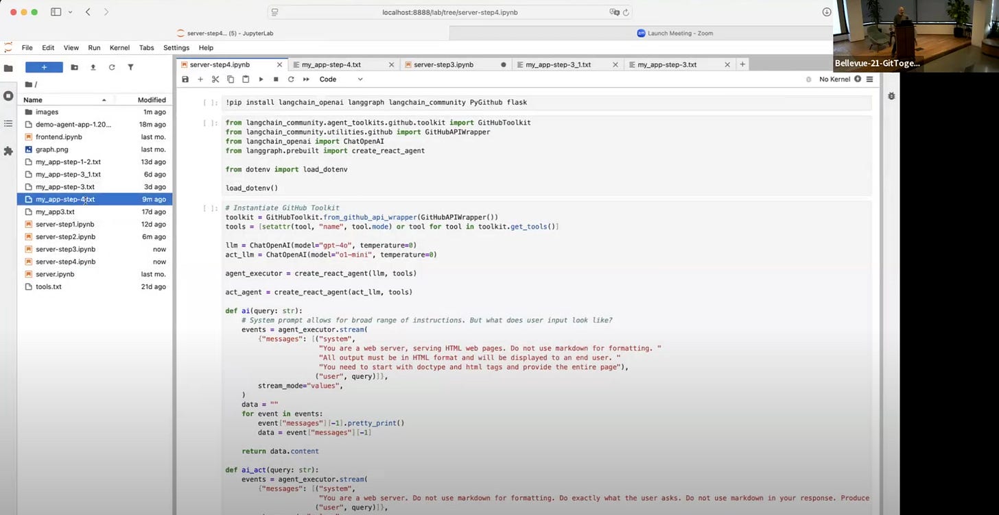 A Jupyter notebook screenshot showing Python code and documentation used to build an AI agent using the DisC approach.
