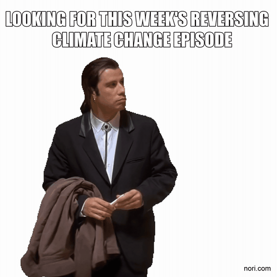 Confused Travolta meme: Vincent Vega from Pulp Fiction in a black suit, holding a coat and looking around. Text: "LOOKING FOR THIS WEEK'S REVERSING CLIMATE CHANGE EPISODE". Watermark: nori.com.